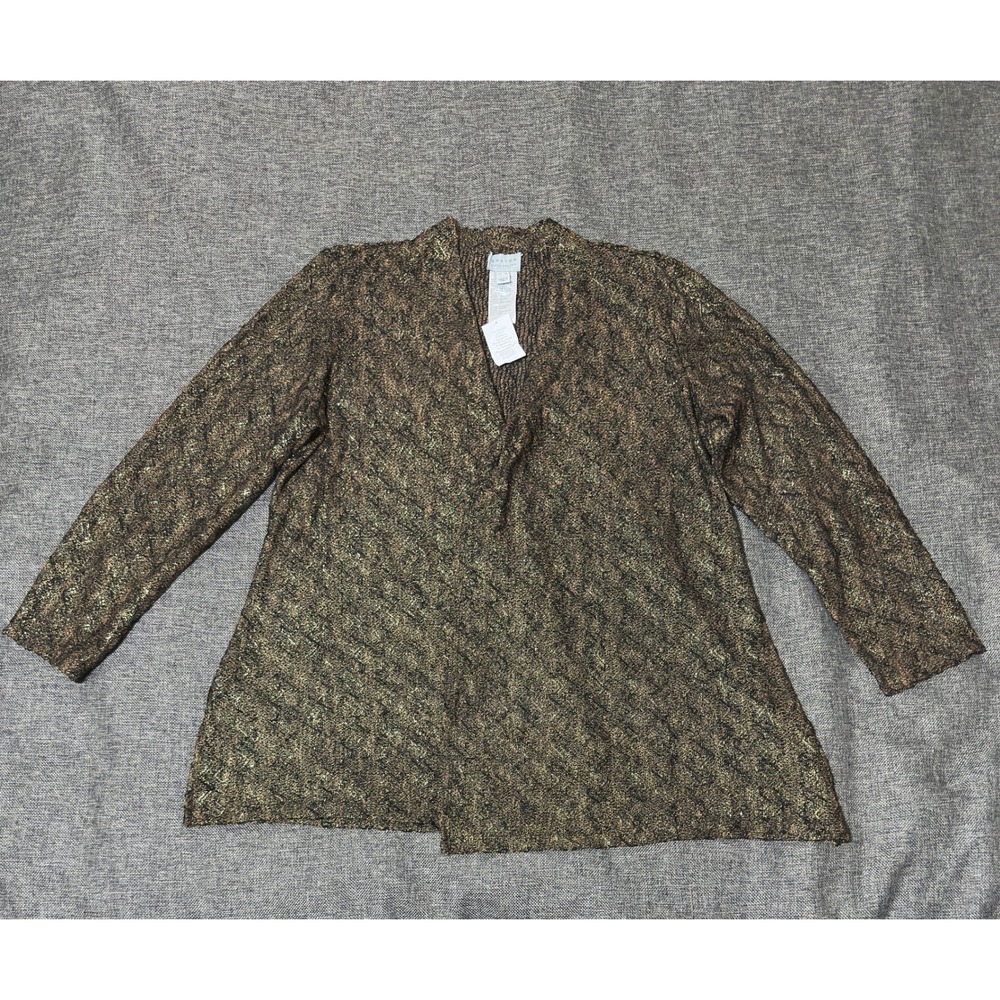 Susan Graver Womens XL Cardigan Gold Black Metallic Knit Open Front Long Sleeve